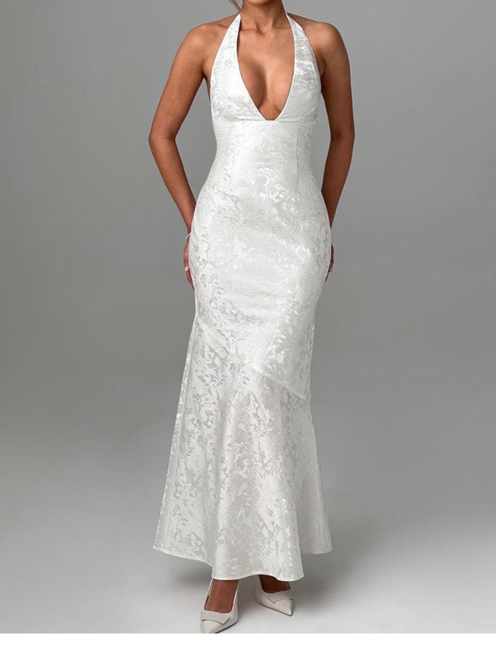 White Halter Jacquard Maxi Dress with Plunging V-Neck